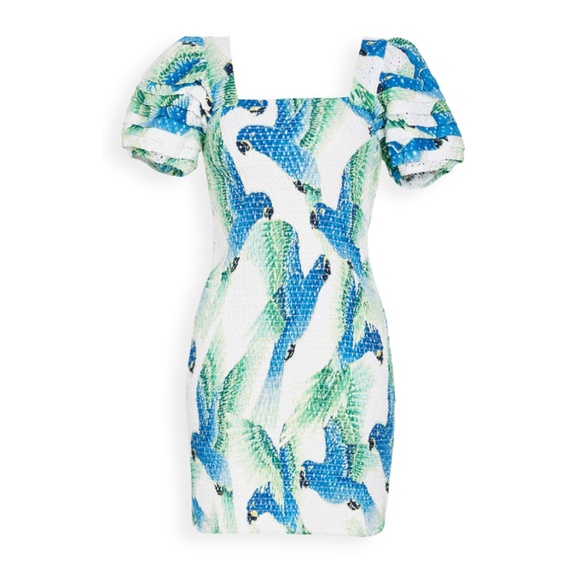 Farm Rio Araras Parrot Bird Print Eyelet Smocked Short Puff Sleeve Mini Dress - Picture 1 of 8